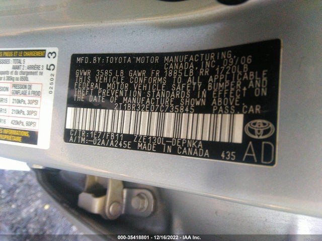 2007 TOYOTA COROLLA CE/S/LE VIN: 2T1BR32E07C735845