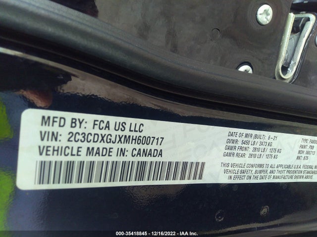 2021 DODGE CHARGER SCAT PACK VIN: 2C3CDXGJXMH600717