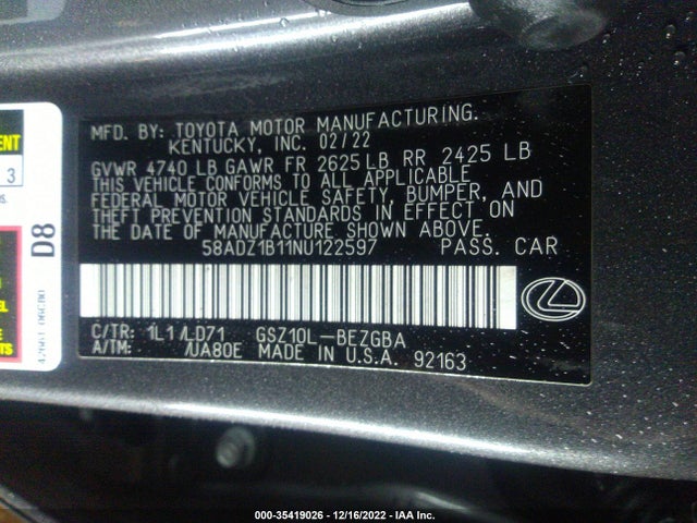 2022 Lexus ES, VIN: 58ADZ1B11NU122597