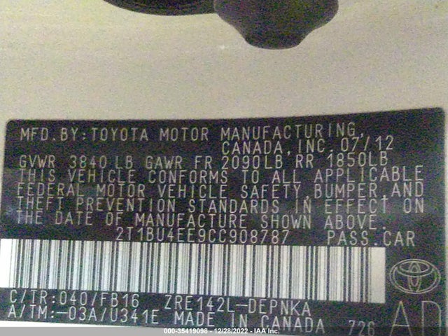 2012 TOYOTA COROLLA L/LE/S VIN: 2T1BU4EE9CC908787