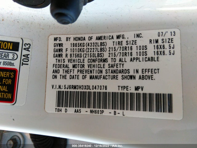 2013 HONDA CR-V LX VIN: 5J6RM3H3XDL047076
