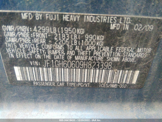 2009 SUBARU IMPREZA WAGON I W/PREMIUM PKG VIN: JF1GH60609H823398