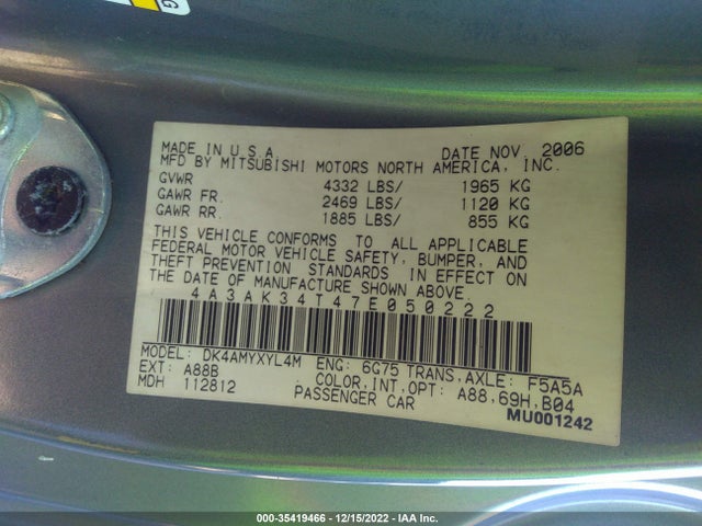 4A3AK34T47E050222 Mitsubishi ECLIPSE GT