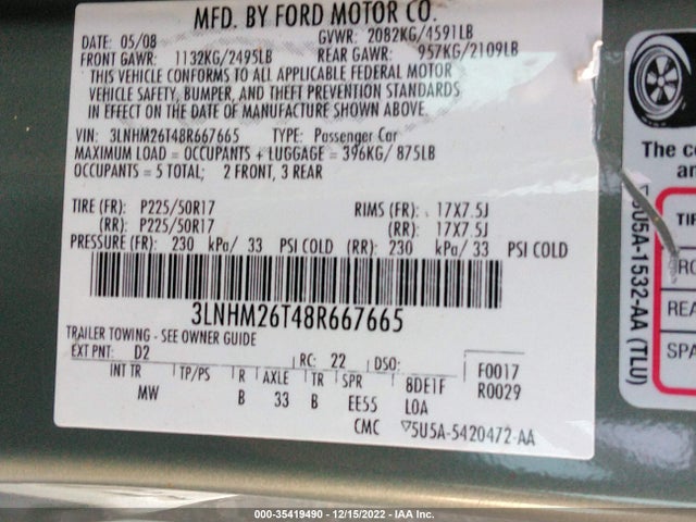 Lincoln MKZ 2008 3LNHM26T48R667665 Image 10
