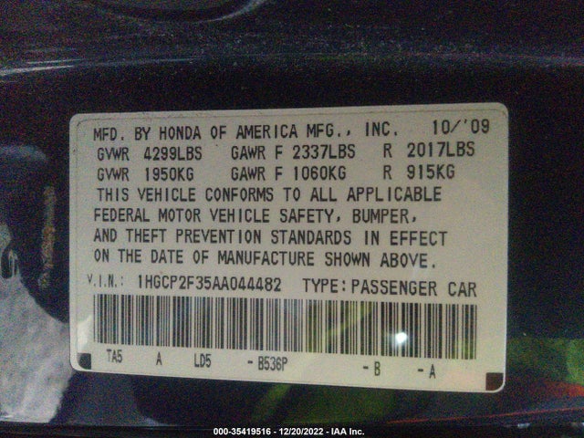 2010 HONDA ACCORD SDN LX VIN: 1HGCP2F35AA044482