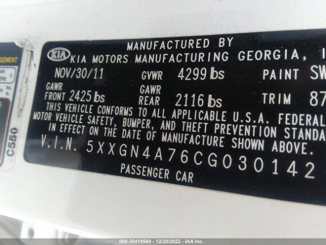 5XXGN4A76CG030142 KIA OPTIMA EX