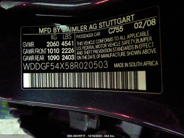 2008 MERCEDES-BENZ C-CLASS 3.0L VIN: WDDGF54X58R020503