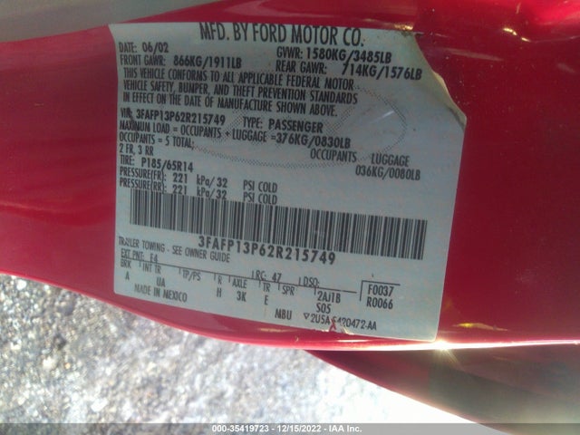 2002 FORD ESCORT FLEET VIN: 3FAFP13P62R215749
