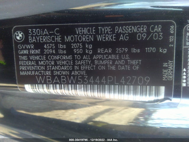 2004 BMW 3 SERIES 330CI VIN: WBABW53444PL42709