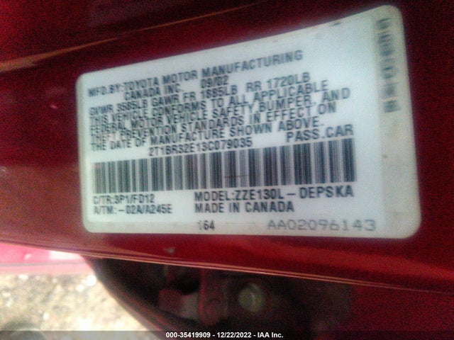 2003 TOYOTA COROLLA CE/S/LE VIN: 2T1BR32E13C079035