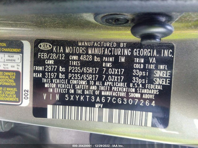 2012 KIA SORENTO LX VIN: 5XYKT3A67CG307264