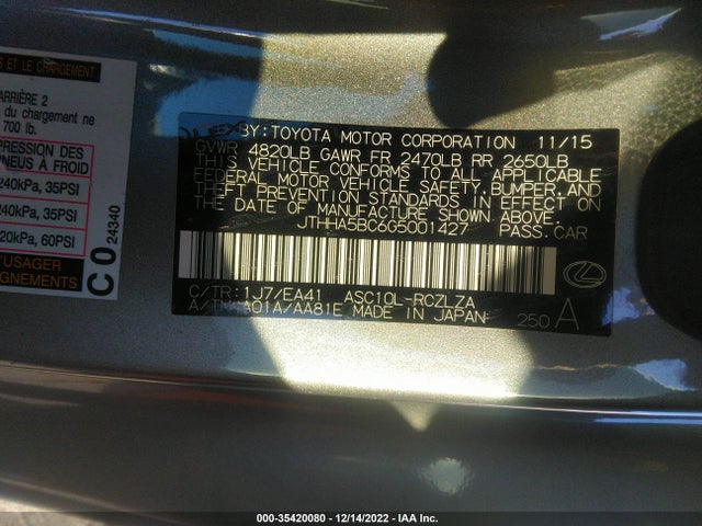 Lexus RC 200T 2016 JTHHA5BC6G5001427 Image 10