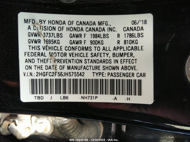 2018 HONDA CIVIC SEDAN LX VIN: 2HGFC2F56JH575542