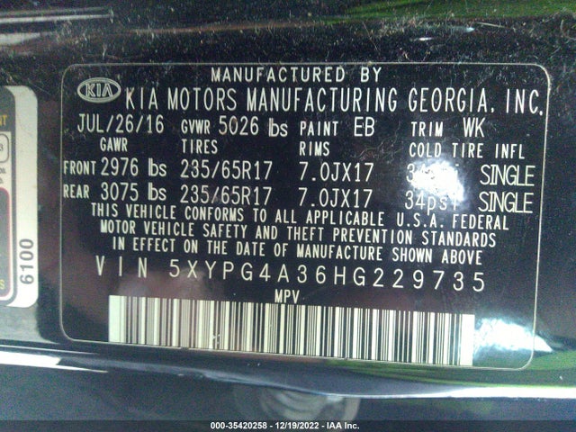 2017 Kia Sorento, VIN: 5XYPG4A36HG229735
