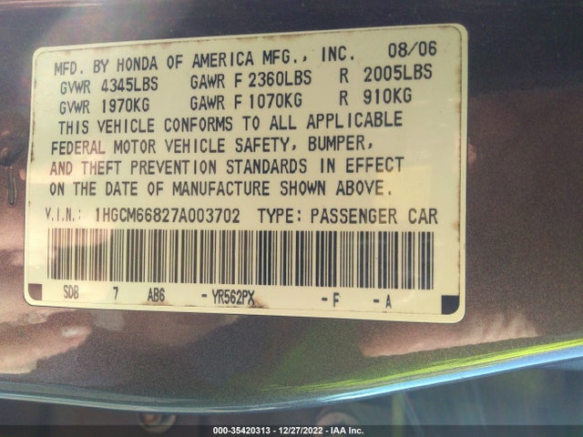 2007 HONDA ACCORD SDN EX-L VIN: 1HGCM66827A003702