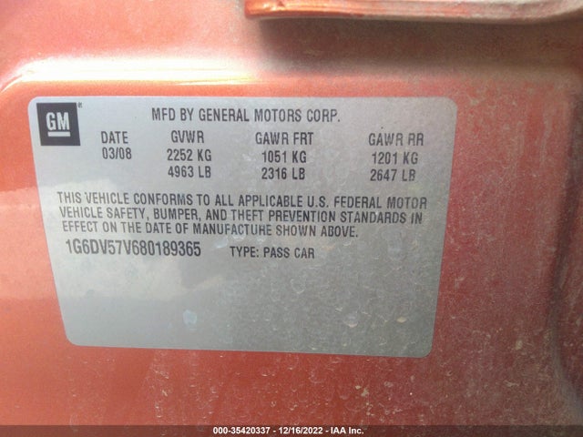 2008 CADILLAC CTS RWD W/1SB VIN: 1G6DV57V680189365
