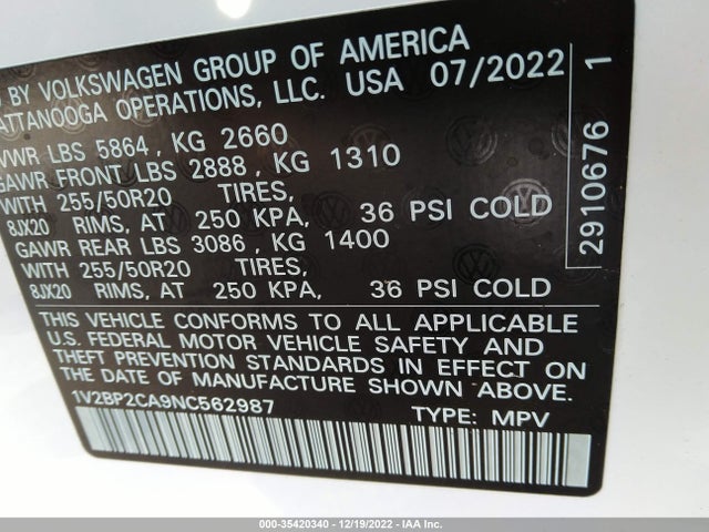 2022 Volkswagen Atlas, VIN: 1V2BP2CA9NC562987