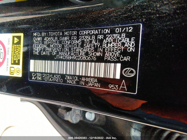 JTHKD5BH9C2080676 Lexus CT 200H