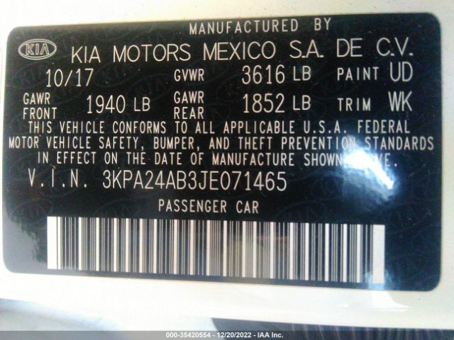 3KPA24AB3JE071465 KIA RIO S