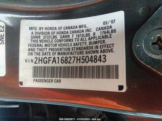 2007 HONDA CIVIC SDN EX VIN: 2HGFA16827H504843