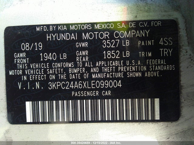 Hyundai ACCENT SE 2020 3KPC24A6XLE099004 Image 10