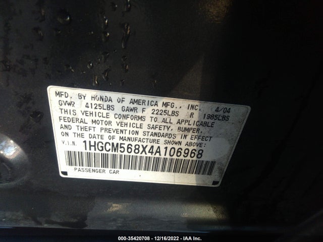 2004 HONDA ACCORD SDN EX VIN: 1HGCM568X4A106968