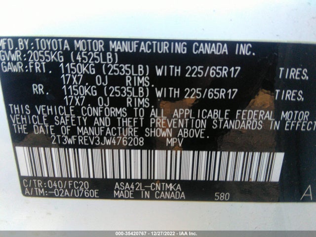 2018 Toyota RAV4, VIN: 2T3WFREV3JW476208