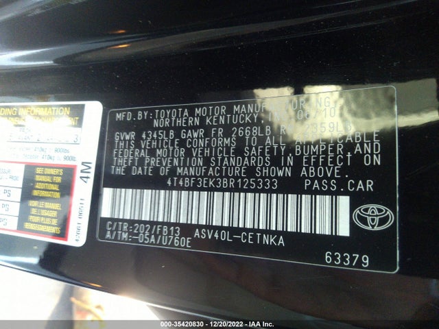 2011 TOYOTA CAMRY VIN: 4T4BF3EK3BR125333