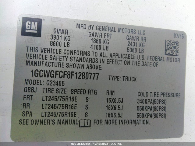 2015 CHEVROLET EXPRESS CARGO VAN VIN: 1GCWGFCF8F1280777