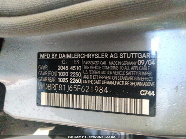 2005 MERCEDES-BENZ C-CLASS 2.6L VIN: WDBRF81J65F621984