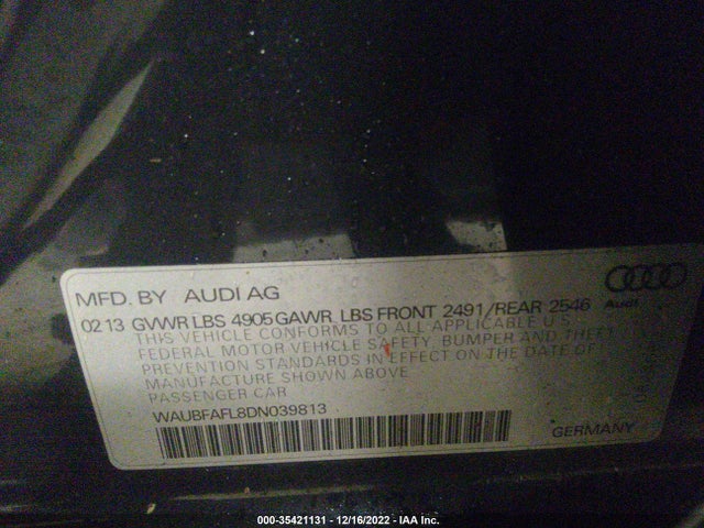 2013 AUDI A4 PREMIUM VIN: WAUBFAFL8DN039813
