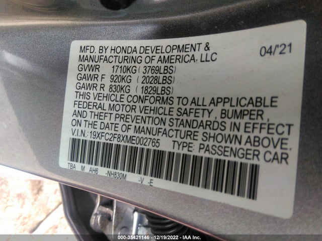 2021 Honda Civic, VIN: 19XFC2F8XME002765
