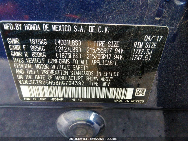 2017 Honda HR-V, VIN: 3CZRU5H58HG704392