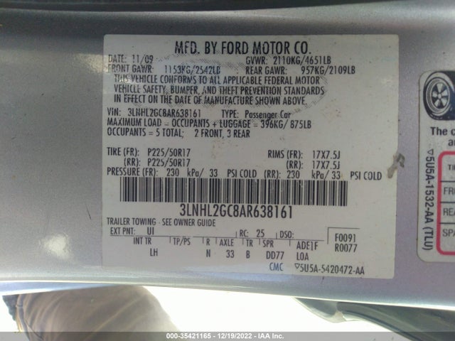 2010 LINCOLN MKZ VIN: 3LNHL2GC8AR638161