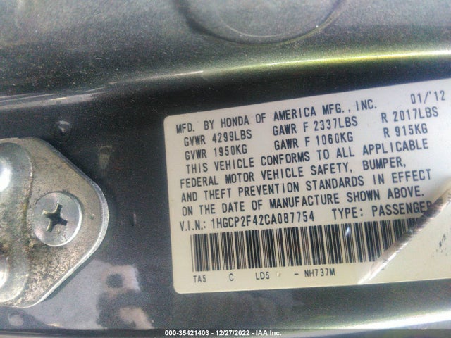 2012 HONDA ACCORD SDN LX PREMIUM VIN: 1HGCP2F42CA087754