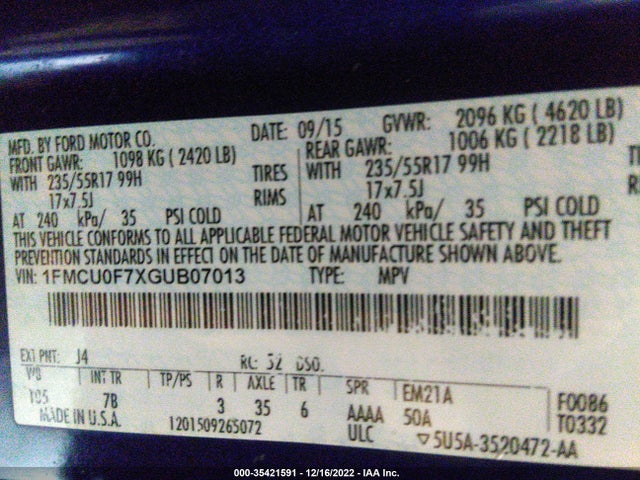 2016 FORD ESCAPE S VIN: 1FMCU0F7XGUB07013