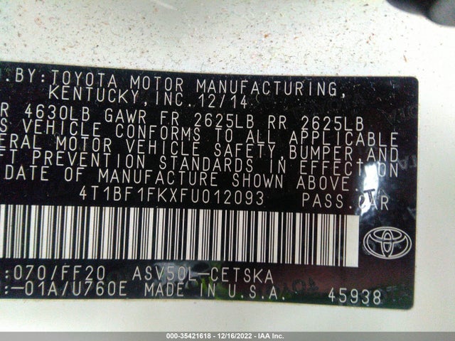 Toyota Camry 2015 4T1BF1FKXFU012093 Image 10