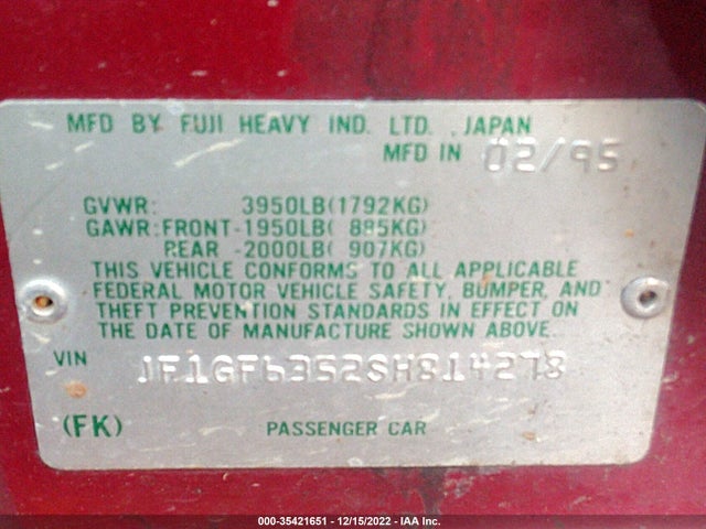 1995 SUBARU IMPREZA L/OUTBACK VIN: JF1GF6352SH814278