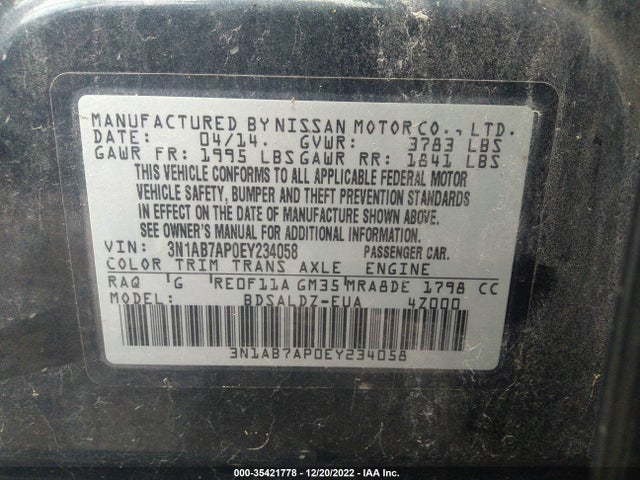 2014 NISSAN SENTRA S/FE+ S/SV/FE+ SV/SR/SL VIN: 3N1AB7AP0EY234058