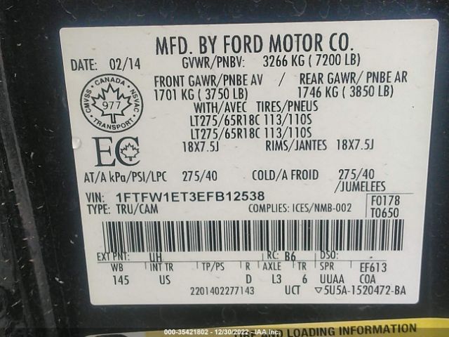 1FTFW1ET3EFB12538 Ford F-150 Xl/xlt/fx4/lariat