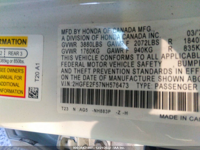 2022 HONDA CIVIC SEDAN SPORT VIN: 2HGFE2F57NH576473