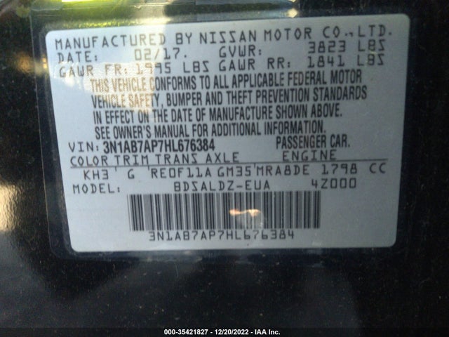 2017 NISSAN SENTRA SV VIN: 3N1AB7AP7HL676384