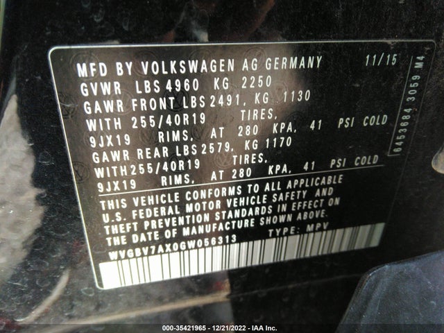 2016 Volkswagen Tiguan, VIN: WVGBV7AX0GW056313