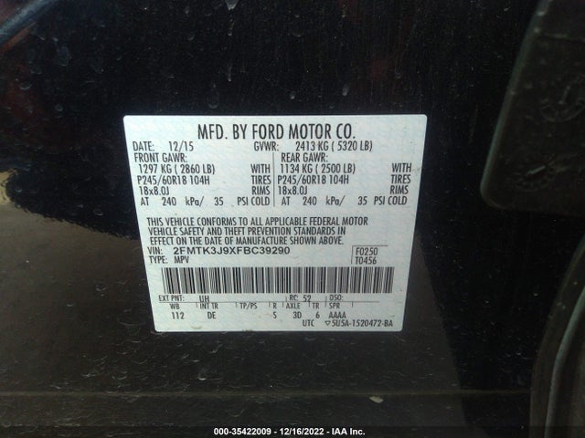 2015 FORD EDGE SEL VIN: 2FMTK3J9XFBC39290