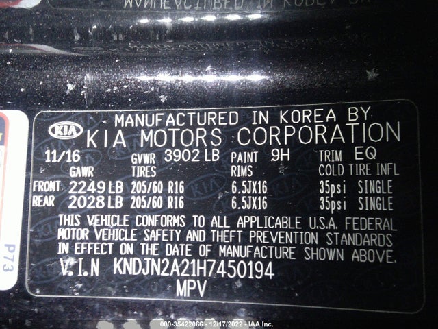 KIA Soul Base 2017 KNDJN2A21H7450194 Image 10