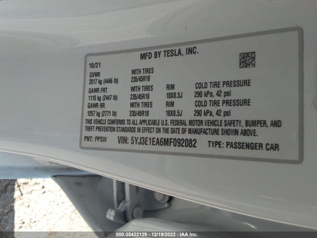 Tesla MODEL 3 2021 5YJ3E1EA6MF092082 Image 10