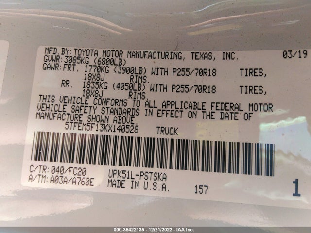 2019 Toyota Tundra, VIN: 5TFEM5F13KX140528