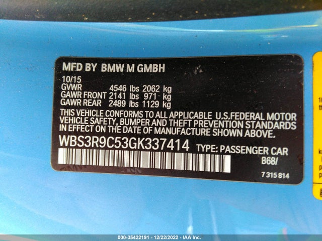 2016 BMW M4, VIN: WBS3R9C53GK337414
