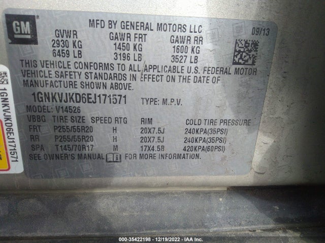 Chevrolet Traverse Ltz 2014 1GNKVJKD6EJ171571 Image 10