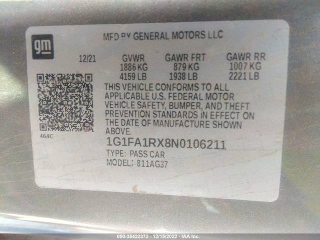 Chevrolet Camaro 1lt 2022 1G1FA1RX8N0106211 Image 9